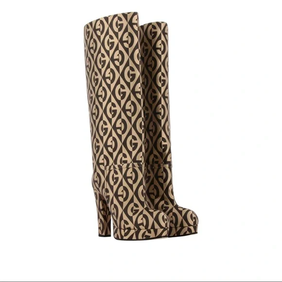 GUCCI Fabric G Rhombus Print Platform Boots Size EU37.5/ US7.5 Beige Cocoa - Picture 10 of 16